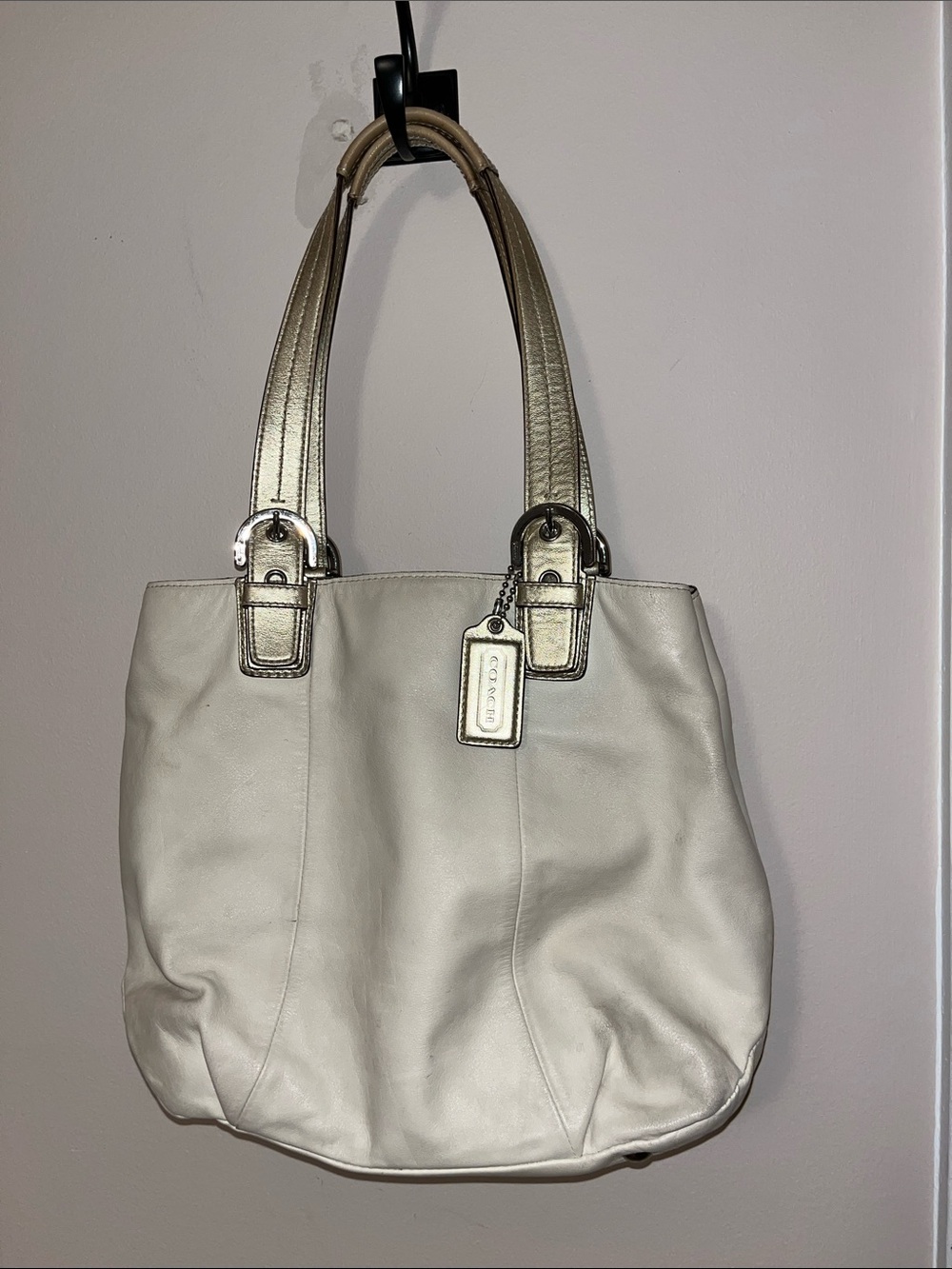 COACH White Leather Shoulder Tote with Metallic Gold Straps